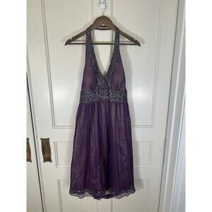 Gorgeous Adrianna Papell Silk Beaded Halter Cocktail Dress Womens Size 14 Purple